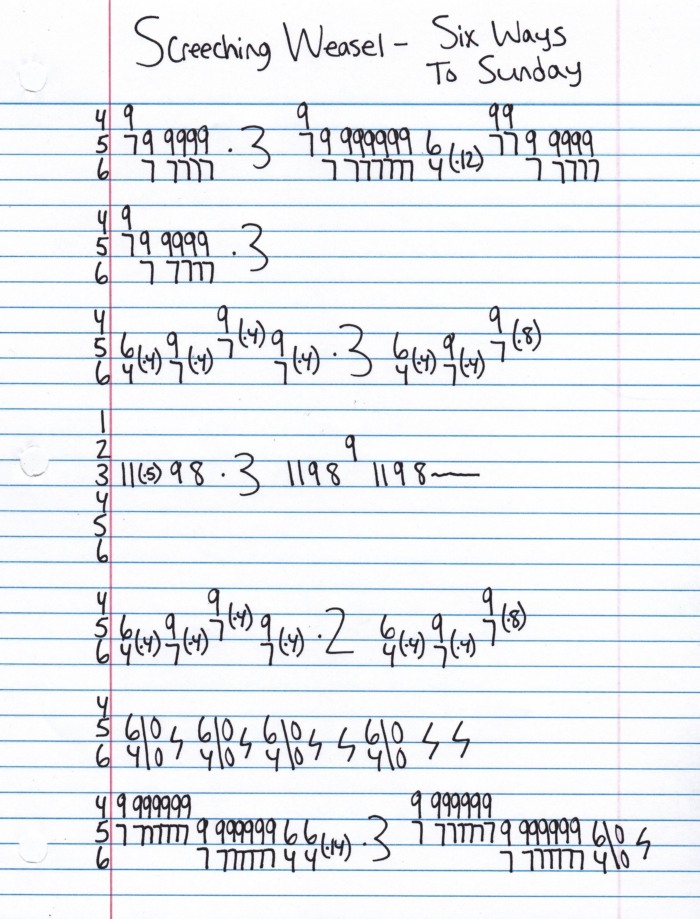 High quality guitar tab for Six Ways To Sunday by Screeching Weasel off of the album The Awful Disclosures Of Screeching Weasel. ***Complete and accurate guitar tab!***